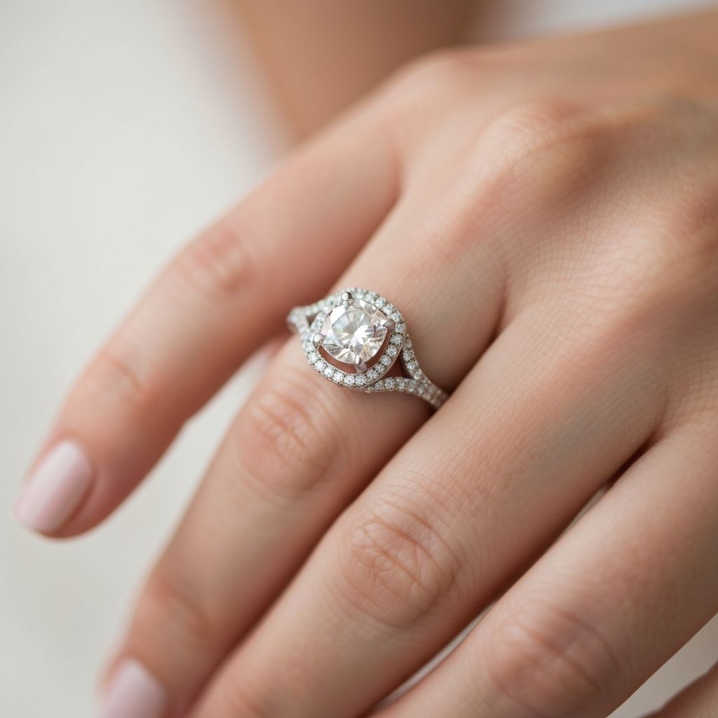 Beautiful diamond engagement ring on bride's hand