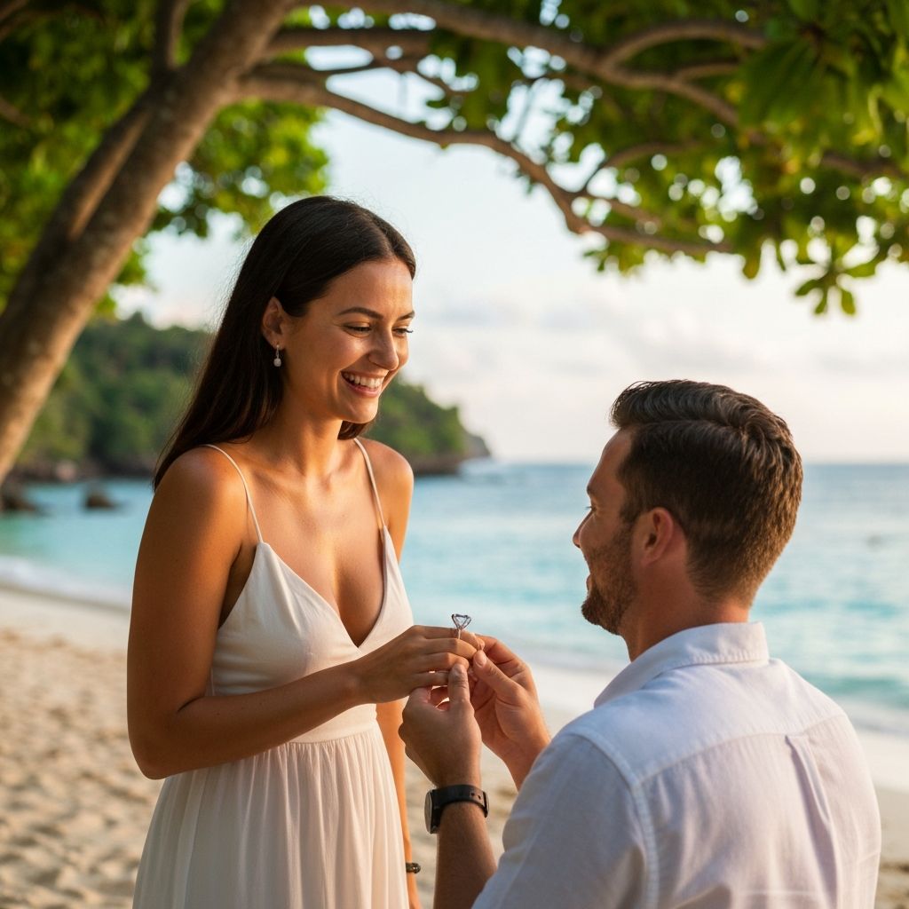 Romantic proposal moment with engagement ring